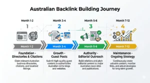 12-month timeline showing Australian backlink building strategy from directories to editorial links by phase
