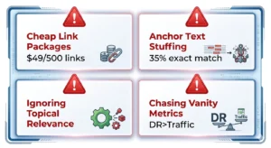 Warning grid showing 4 common Australian backlink mistakes including cheap packages, anchor stuffing, and vanity metrics