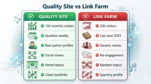 Comparison table showing quality Australian website with 15K visitors versus link farm with 200 visitors and red flags