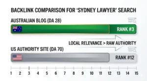 Bar chart comparing DA 28 Australian blog ranking #3 versus DA 70 US site ranking #12 for Sydney lawyer search