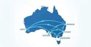 Australian backlinks network visualization showing connected cities across Australia with link building nodes
